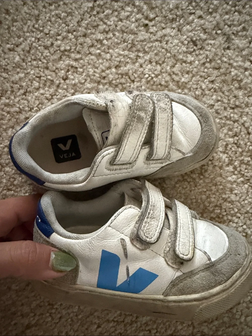 Veja Kids White Sneakers with Blue V Logo and Velcro